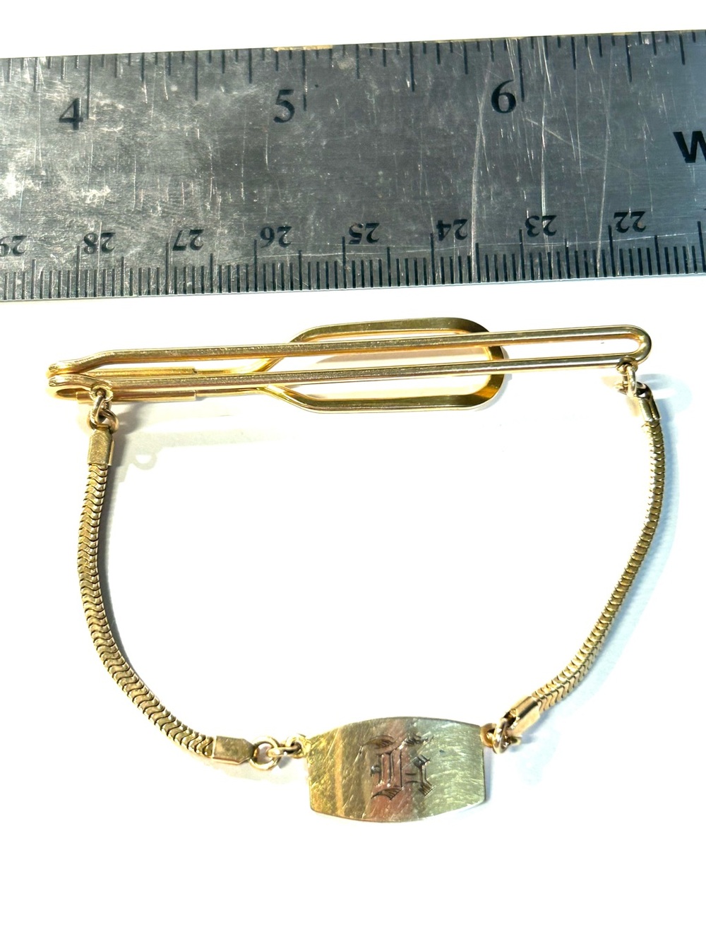 Vintage Forstner Gold Tie Bar and Chain with Monogram